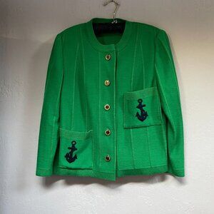 Vintage Gabriella Designs Womens Cardigan Sweater Anchor Embroidered Wool Green
